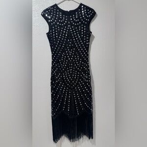 FUNDAISY Elegant Black Sequin Fringe Dress.
